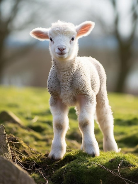 a lamb standing on top of a lush green field