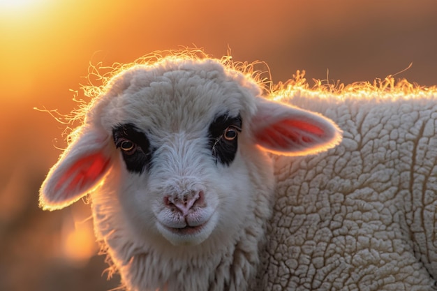 Photo the lamb stands on the field sunset