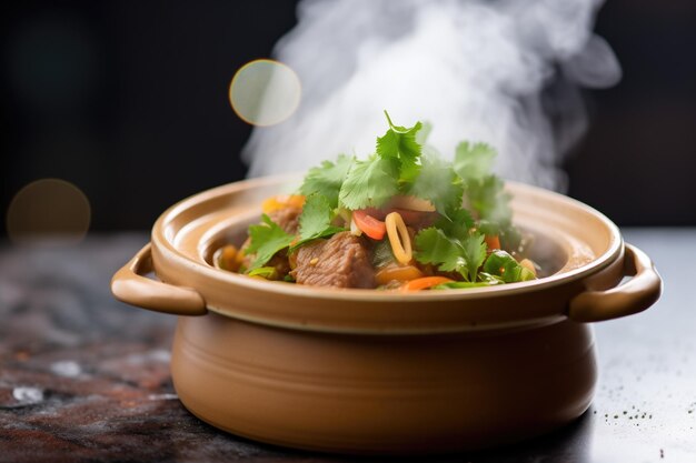 Photo lamb tagine pot enveloped by rising aromatic steam