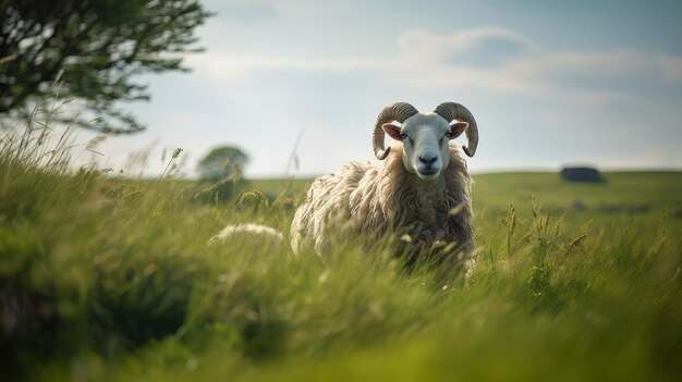 A lamb in the vast grass