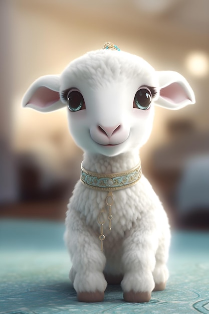 A lamb with a bell on its neck sits on a blue carpet.