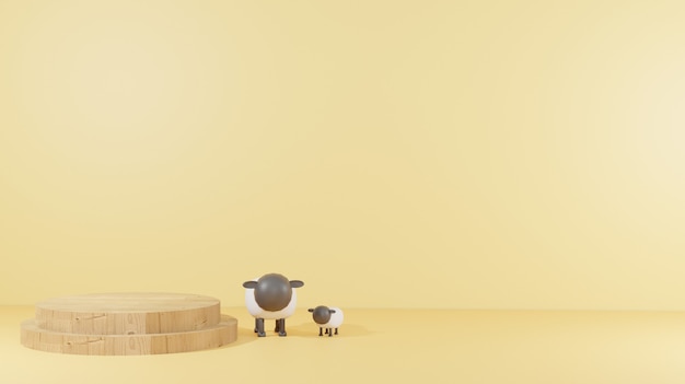 lamb with wooden podium on sandy floor suitable 3d background rendering