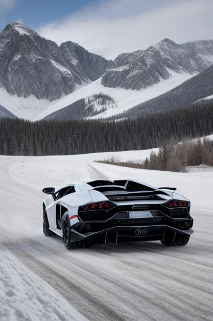 Foto una lamborghini aventador deriva su una strada innevata in regioni montuose