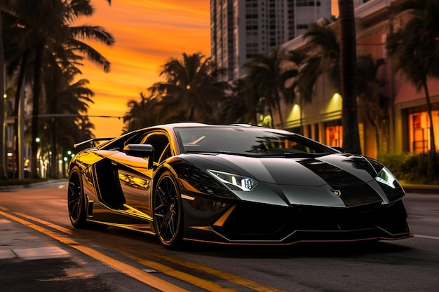 lamborghini aventador in the Miami boulevard at sunset