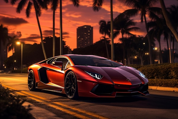 lamborghini aventador in the Miami boulevard at sunset