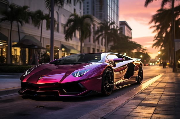 lamborghini aventador in the Miami boulevard at sunset