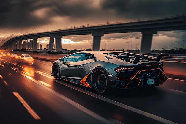 A lamborghini on a highway with a cloudy sky in the background.
