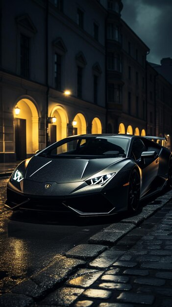 Photo a lamborghini huracan is on a dark street in a city