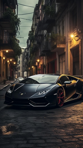 A lamborghini huracan is on a dark street in a city