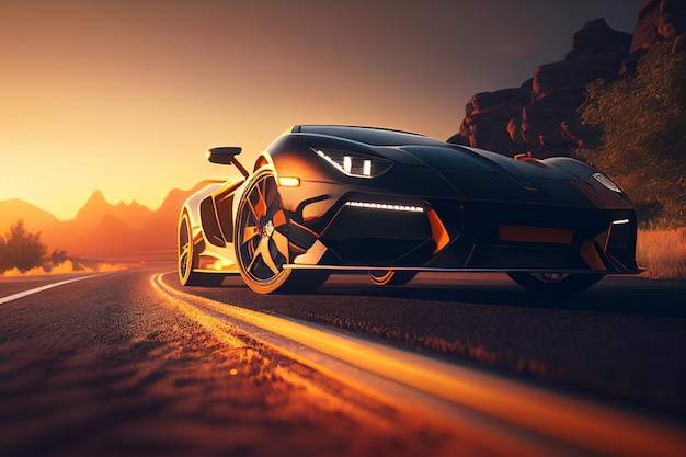 A lamborghini is driving on a road at sunset.