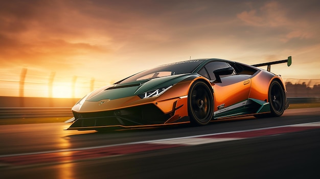 A lamborghini is driving on a track at sunset.