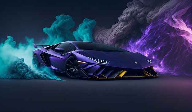 A lamborghini is shown in a dark background with smoke coming out of it.