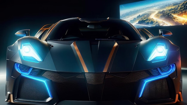 A lamborghini is shown in a dark room with a large screen that says lamborghini.