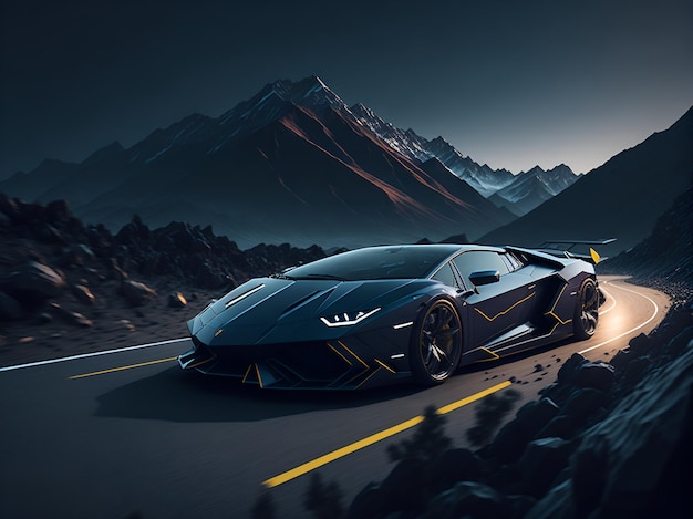 A lamborghini on a mountain road with mountains in the background.