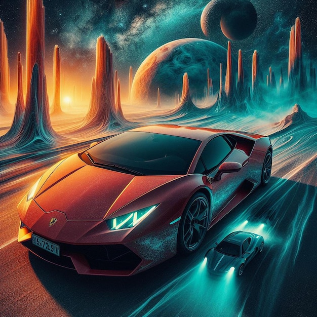 Lamborghini of Ferrari in een surrealistische en droomachtige omgeving die zijn allure en mystiek versterkt