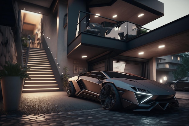 A lamborghini parked in a garage with a staircase in the background.