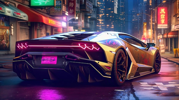 Lamborghini on a street in cyberpunk style