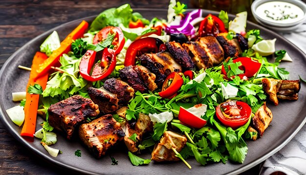 Lambs kebab met groente salade en peperkorrels op een houten tafel