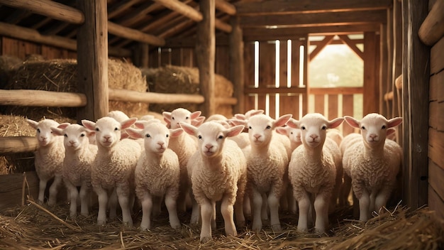 Lammen kijken naar voren in de houten schuur.