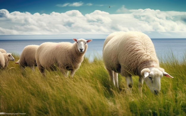 Lammeren en schapen op de Nederlandse dijk aan het IJsselmeer Lentegezichten Nederland Schapen in een weiland op groen gras Nederland Noordoospolder