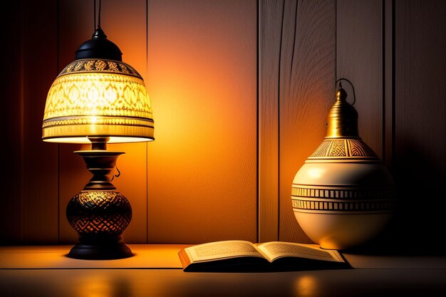 A lamp and a book on a table