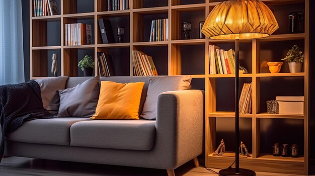 Premium AI Image | Lamp and bookshelf living room with couch Idea for ...