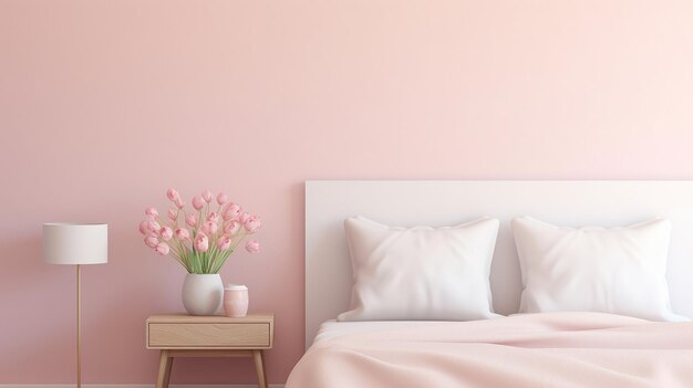 lamp boven tafel met bloemen in roze pastel slaapkamer