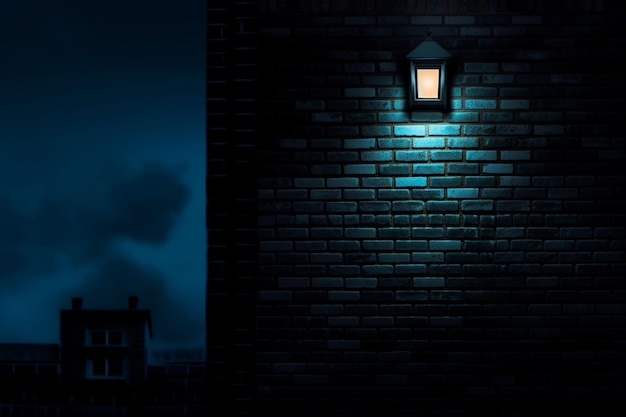 A lamp on a brick wall in the dark