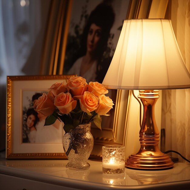 a lamp and a candle on a table with a picture of a vase of roses