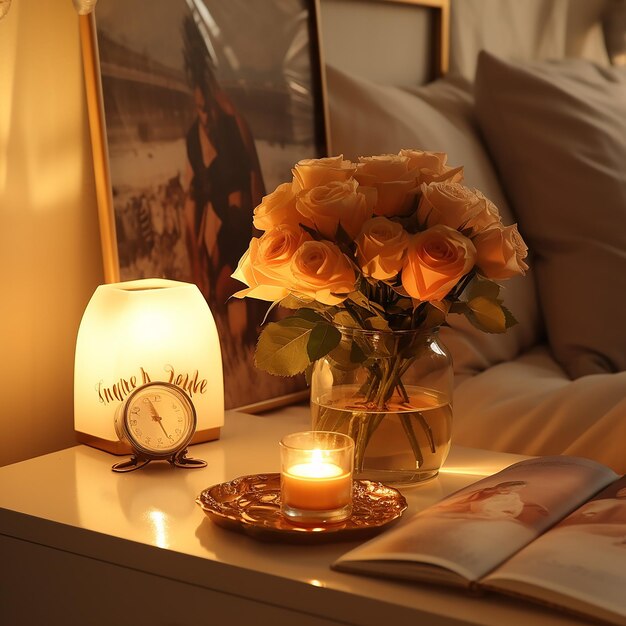 a lamp and a candle on a table with a picture of a vase of roses