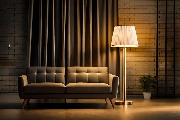 a lamp and couch in front of a brick wall with a lamp on it