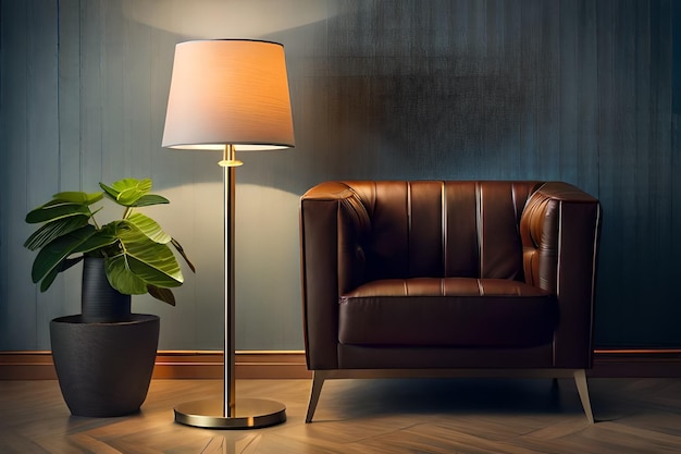 a lamp and a couch in a living room with a lamp and a plant in it.