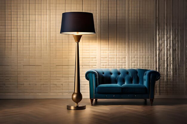 Photo a lamp and a couch in a room with a lamp on the floor.