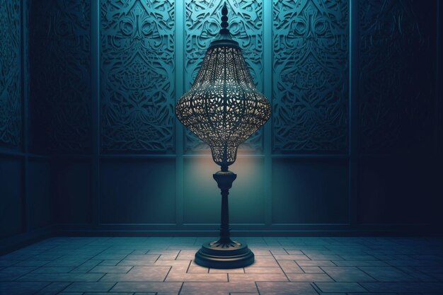 A lamp in a dark room with a blue background generative ai