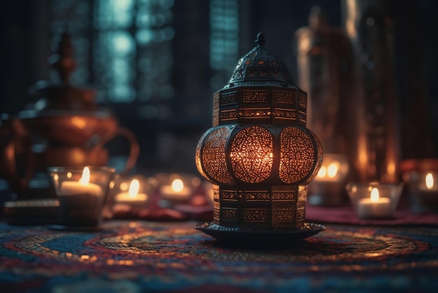 A lamp in a dark room with candles on the table.