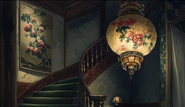 A lamp in a dark room with a floral design on the wall.