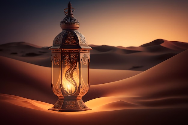 A lamp in the desert with the light on it