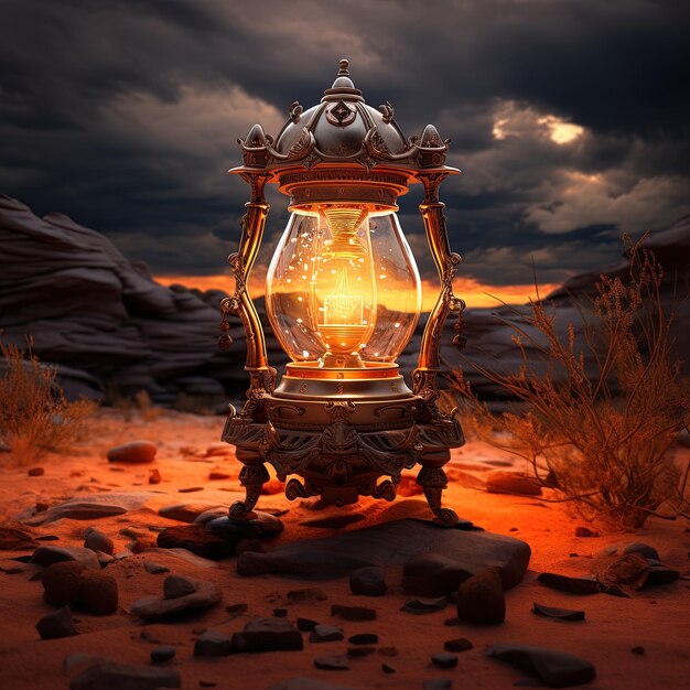 a lamp in the desert with a sunset behind it