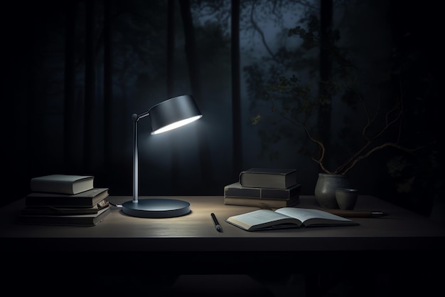 A lamp on a desk with a book and a pen on the table.