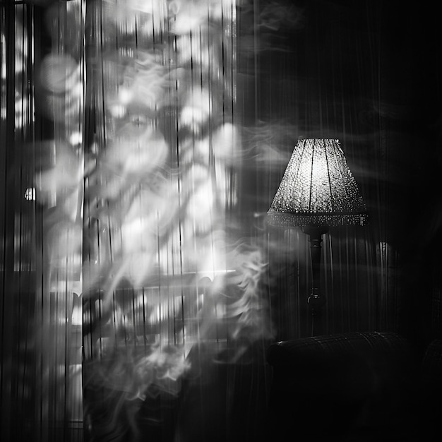 Photo a lamp in front of a curtain that has the word smoke on it