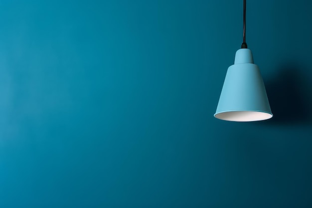 A lamp hangs on a blue wall and illuminates it space for text or presentation generative ai