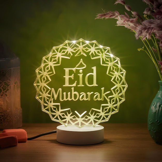 Photo lamp intricately crafted with eid mubarak message festive ambiance for social media post size