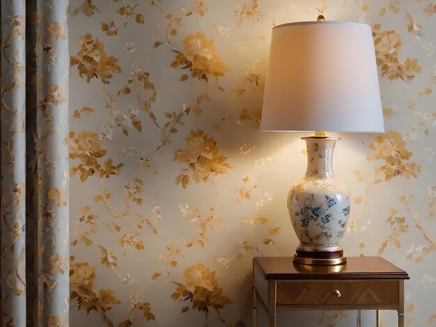 A lamp and a lamp in a living room with a wallpaper on the wall