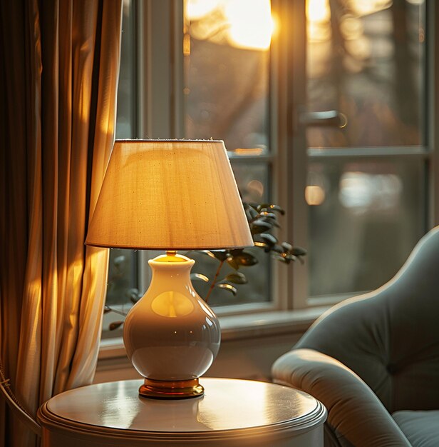 a lamp and a lamp on a table in front of a window