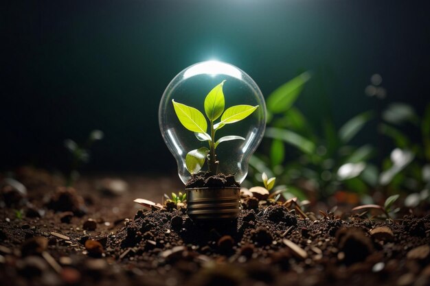 Foto lamp met een plant in een duurzaam energieconcept, milieuvriendelijke energie met kopieerruimte.