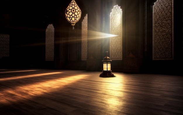 A lamp in a mosque with the light shining through it