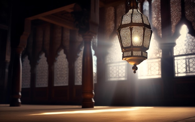 A lamp in a mosque with the light shining through it