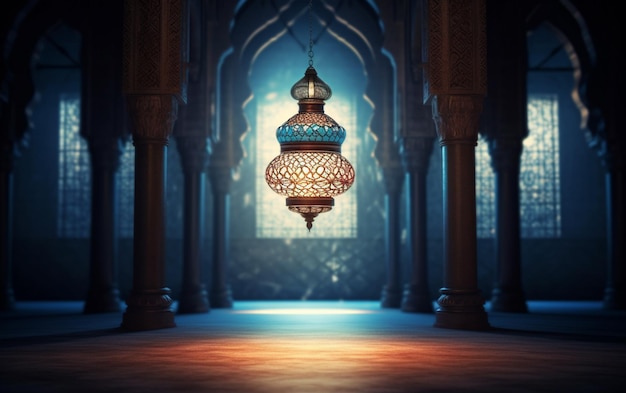 A lamp in a mosque with the light shining through it