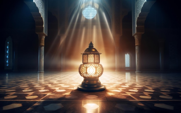 A lamp in a mosque with the light shining through it