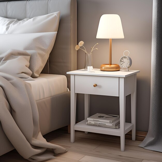 a lamp on a nightstand next to a bed with a lamp on it